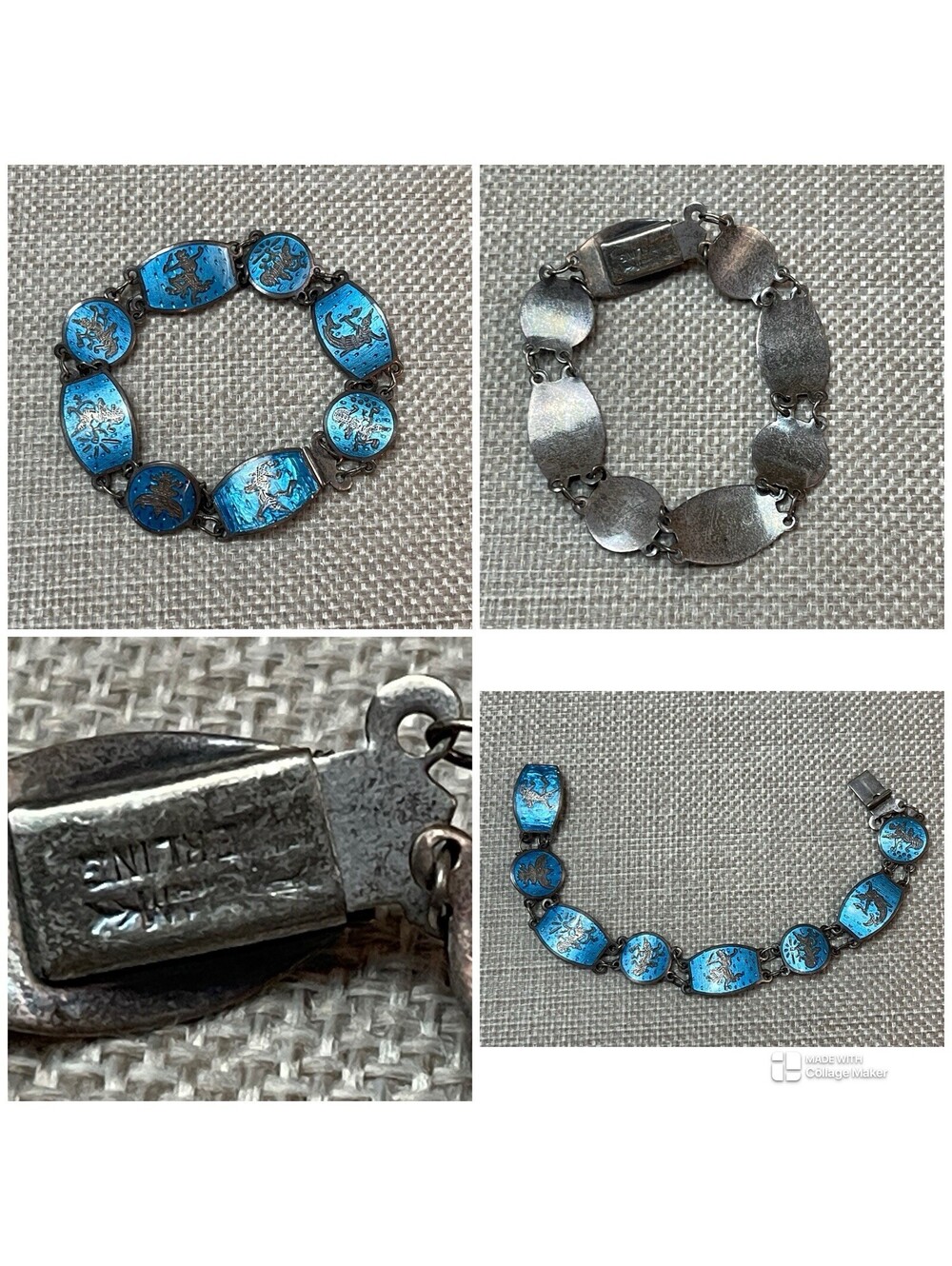 Vintage Siam Sterling Silver Niello Enamel Blue Link Bracelet 6.5”